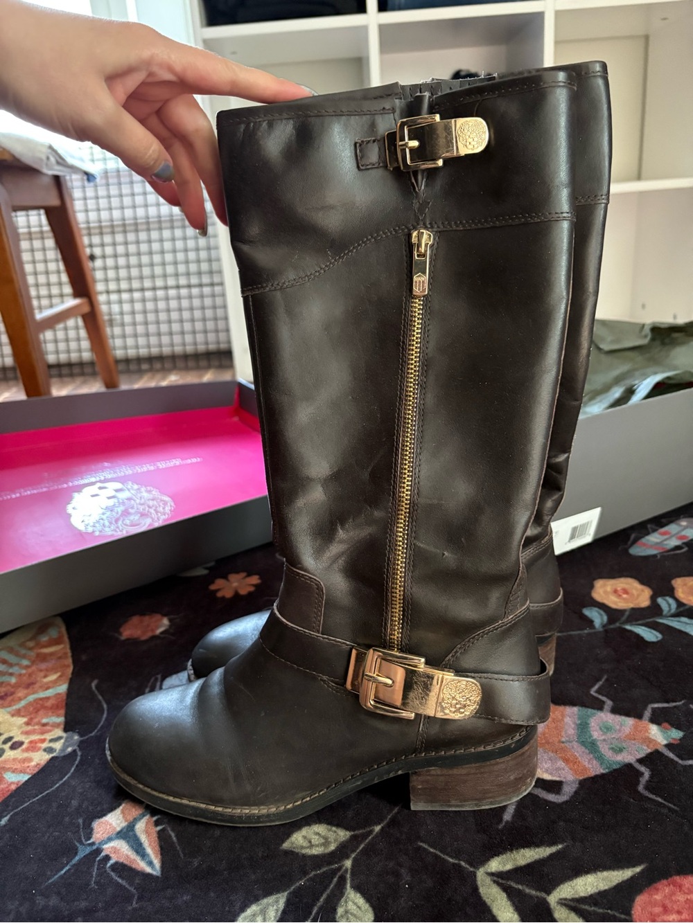 Vince Camuto Waymin Dark Brown Leather Mid-Calf Heeled Boots with Gold Buckles